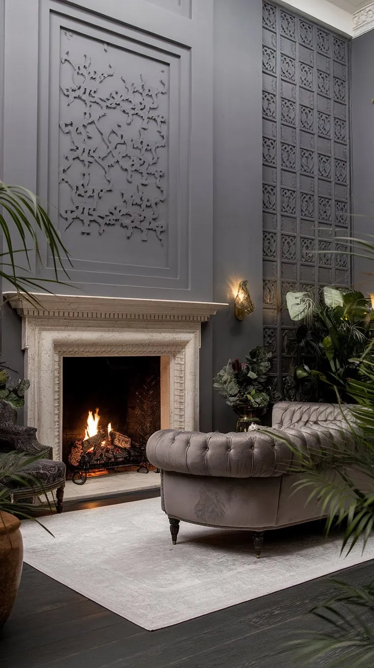 Indulge in the opulence of this grey-walled bedroom, where a crackling fireplace casts a warm glow on layered bedding and plush grey seating. This is the epitome of bedroom fireplace ideas, perfect for fall bedroom ideas, showcasing how adding a fireplace can transform a space. The high ceilings and decorative wall pattern complete the luxurious design.