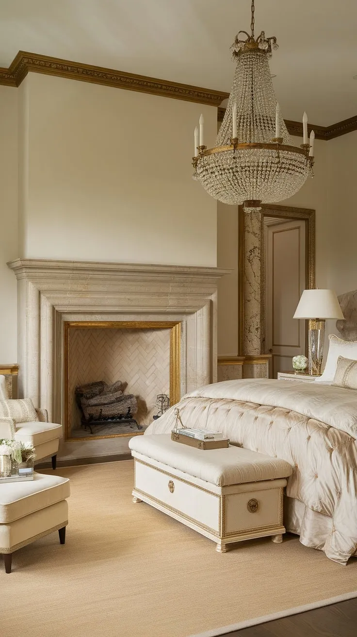 This opulent bedroom boasts a stunning stone fireplace, offering inspiration for bedroom fireplace ideas and adding a fireplace to your own space. The layered bedding and soft color palette create a serene atmosphere, perfect for fall bedroom ideas. Consider this image when exploring bedroom with fireplace ideas for your own luxurious retreat. The gold accents and plush furnishings complete the look.