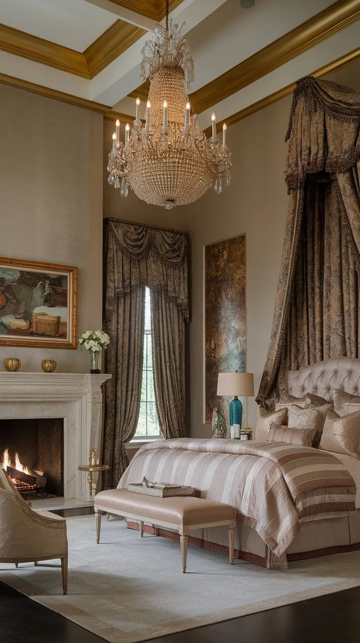 Indulge in the warmth of this bedroom fireplace. Layered bedding and gold accents create an opulent bedroom perfect for fall. Get inspired by these bedroom fireplace ideas for adding a fireplace to your own space.