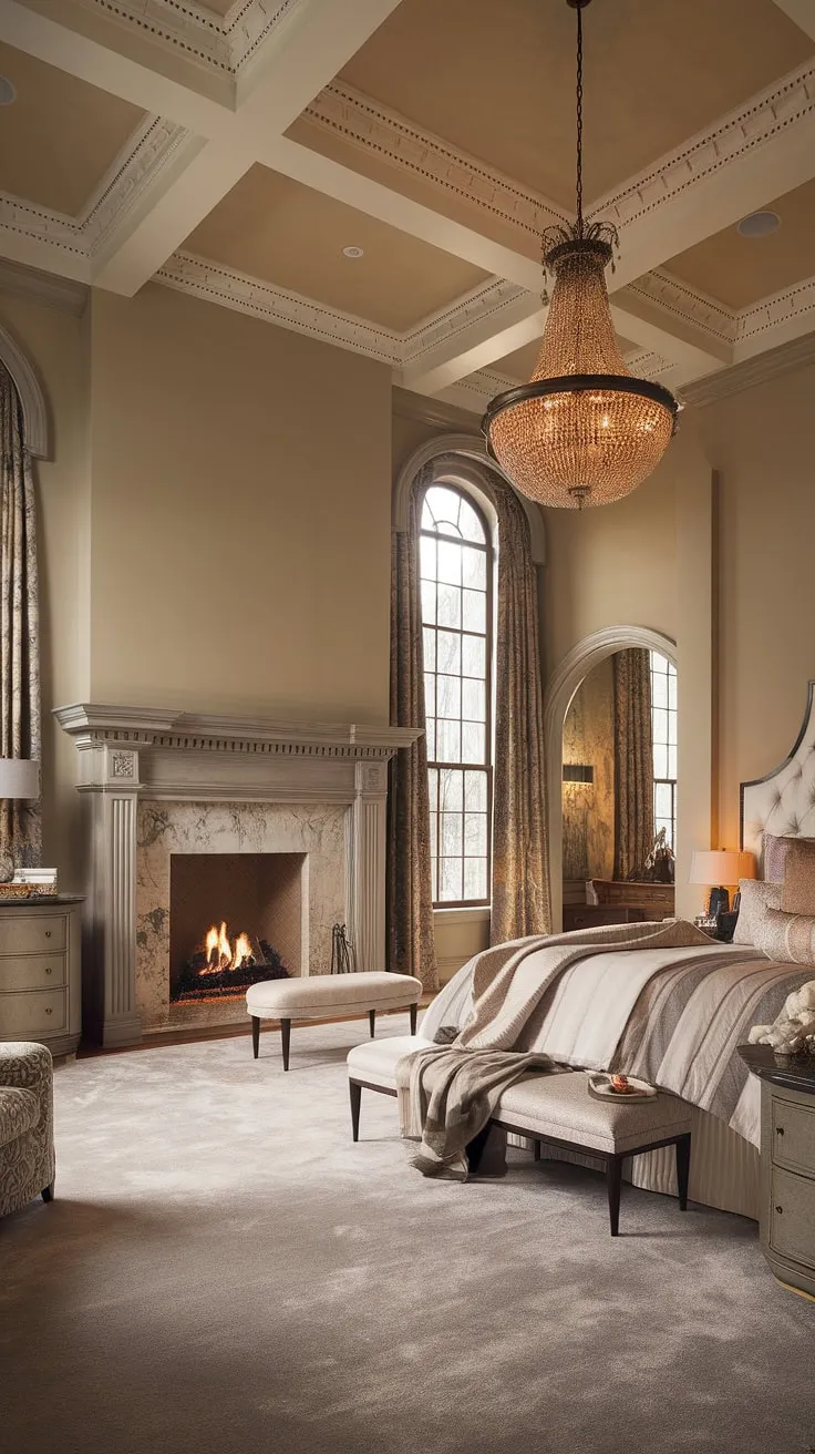 Opulent bedroom fireplace dreams. Adding a fireplace transforms this space into the ultimate fall bedroom ideas haven, complete with layered bedding and inspiring bedroom with fireplace ideas.