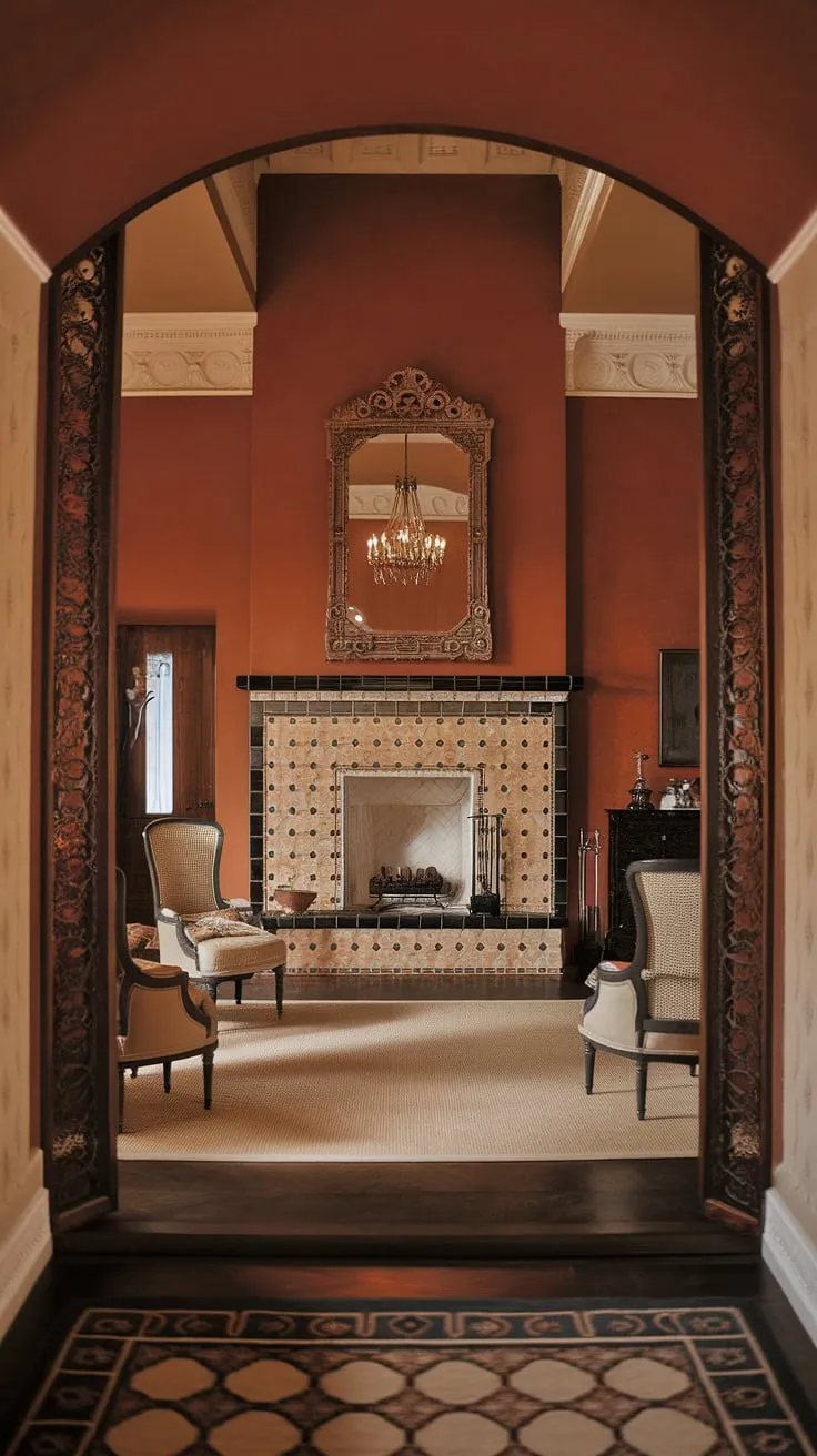 Warmth radiates from this opulent bedroom, where a grand fireplace, tiled in rich oranges and blacks, anchors the space. The high ceilings and deep orange walls create a luxurious atmosphere, perfect for fall bedroom ideas. Adding a fireplace like this transforms the room, offering both style and comfort. Notice the layered bedding on the bed, and the inviting seating near the fireplace. This is prime inspiration for bedroom fireplace ideas and bedroom with fireplace ideas.