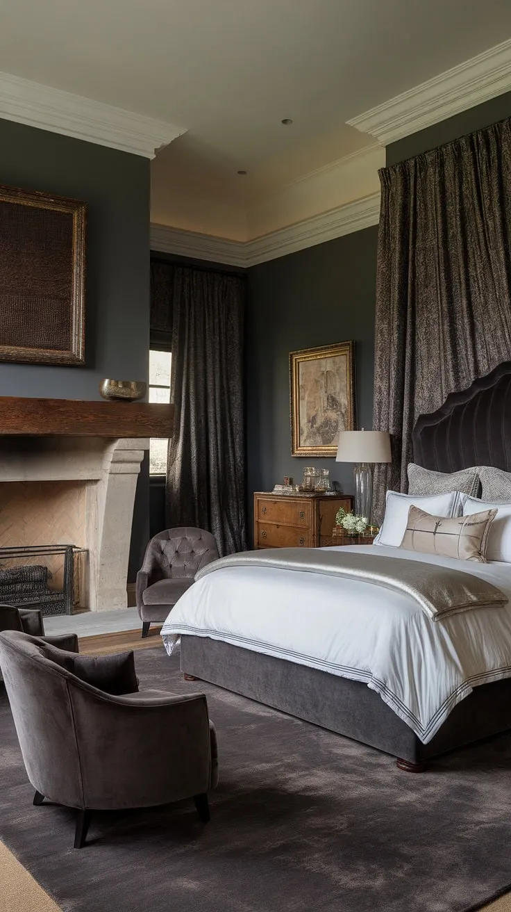 Indulge in the warmth and opulence of this bedroom fireplace. The dark grey walls and stone fireplace create a sophisticated backdrop for cozy fall bedroom ideas, while the layered bedding and plush seating add to the luxurious feel. This is the perfect example of bedroom fireplace ideas, showcasing how adding a fireplace can transform a space.
