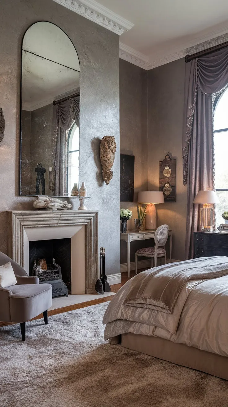 Cozy up by the fire in this opulent bedroom. Layered bedding and a stunning fireplace create the perfect fall bedroom ideas ambiance. See how adding a fireplace can elevate your bedroom with fireplace ideas.