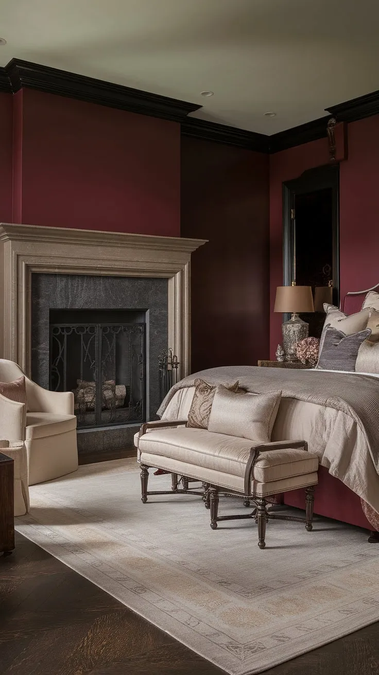 Adding a fireplace to your bedroom? This opulent bedroom design with its dark walls, layered bedding, and stunning fireplace offers inspiring bedroom fireplace ideas for your fall bedroom makeover.