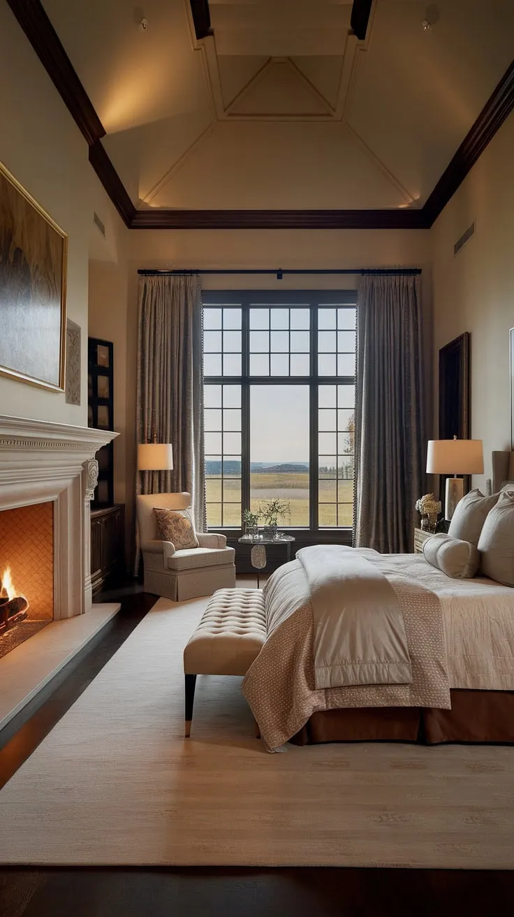 This opulent bedroom showcases the beauty of a bedroom fireplace, perfectly complementing the layered bedding and serene landscape view. For those seeking bedroom fireplace ideas, this room provides inspiration on adding a fireplace to create a cozy and inviting atmosphere, ideal for fall bedroom ideas and beyond.