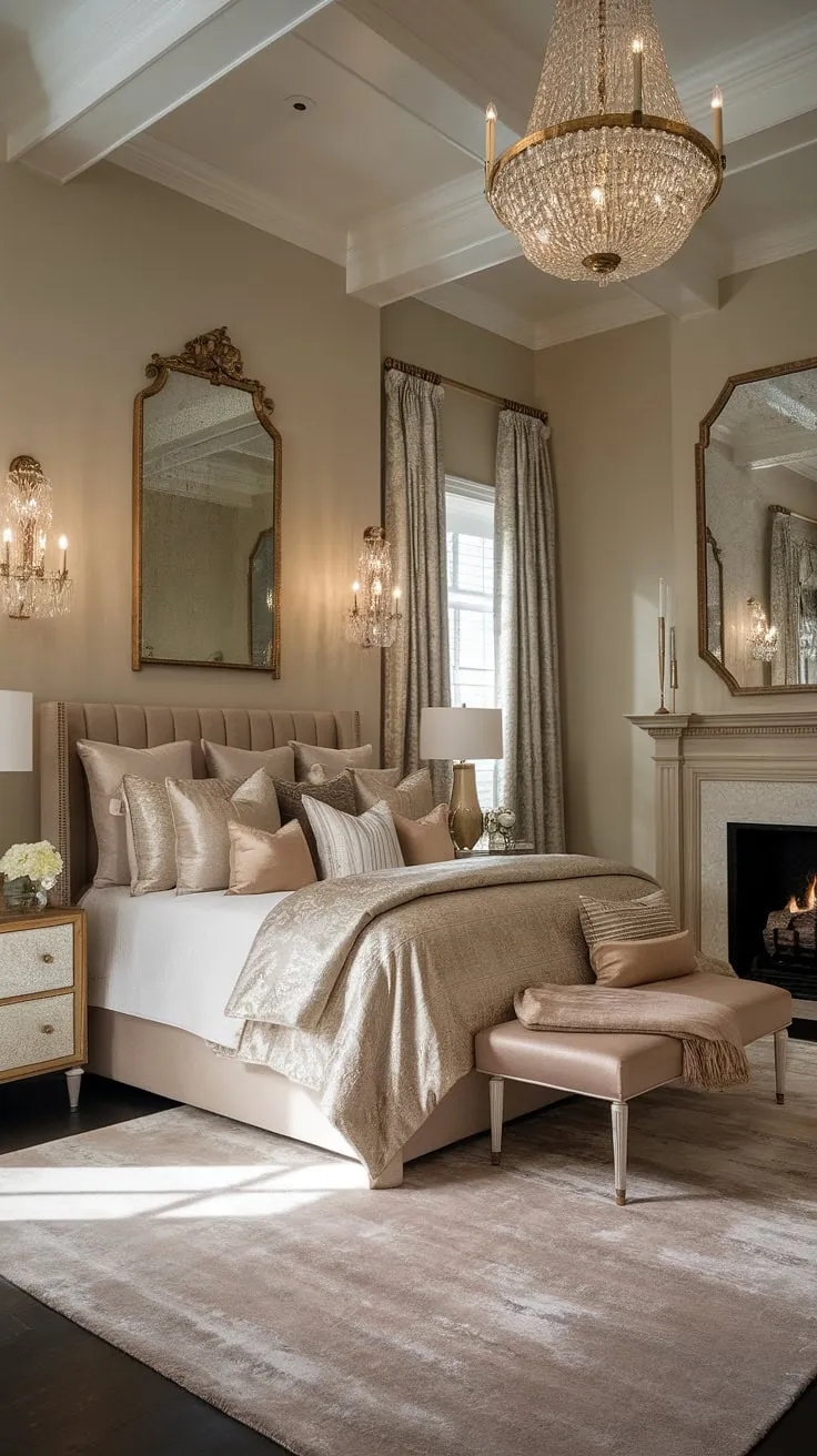 Opulent bedroom fireplace dreams: Layered bedding and golden accents create the perfect fall bedroom ideas. Adding a fireplace transforms this space into a cozy haven. Explore more bedroom fireplace ideas for your own design inspiration.