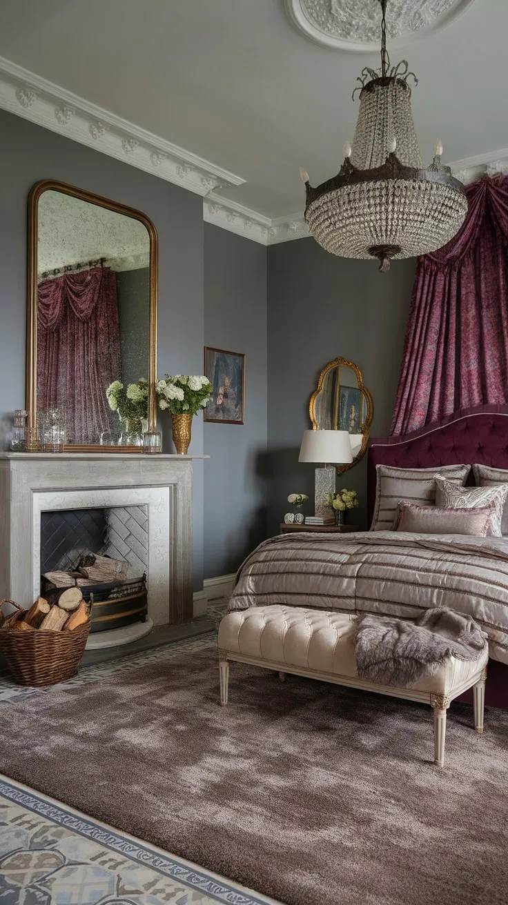 Indulge in this opulent bedroom, where a crackling fireplace and layered bedding promise ultimate comfort. Find more bedroom with fireplace ideas and inspiration for adding a fireplace to your own sanctuary.
