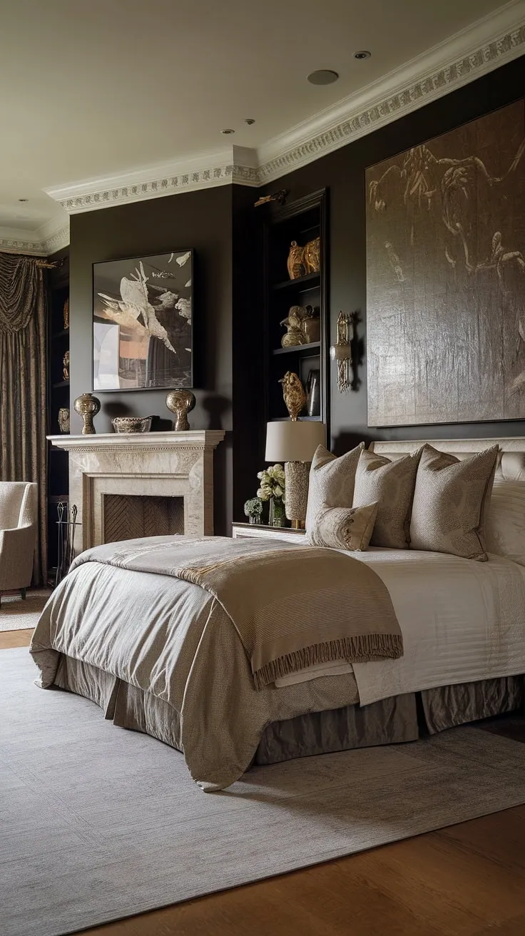 Indulge in the warmth of this opulent bedroom, featuring a stunning fireplace and layered bedding. Perfect fall bedroom ideas for adding a fireplace to your own space. Explore more bedroom fireplace ideas here.