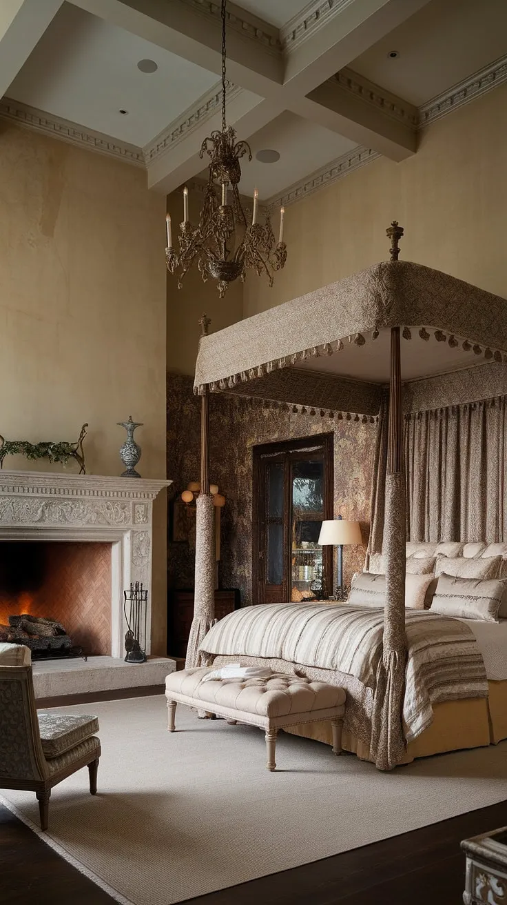 Indulge in the warmth of this opulent bedroom, featuring a stunning stone fireplace. For fall bedroom ideas and inspiration on adding a fireplace to your bedroom, consider this layered bedding and traditional design. Bedroom with fireplace ideas abound!
