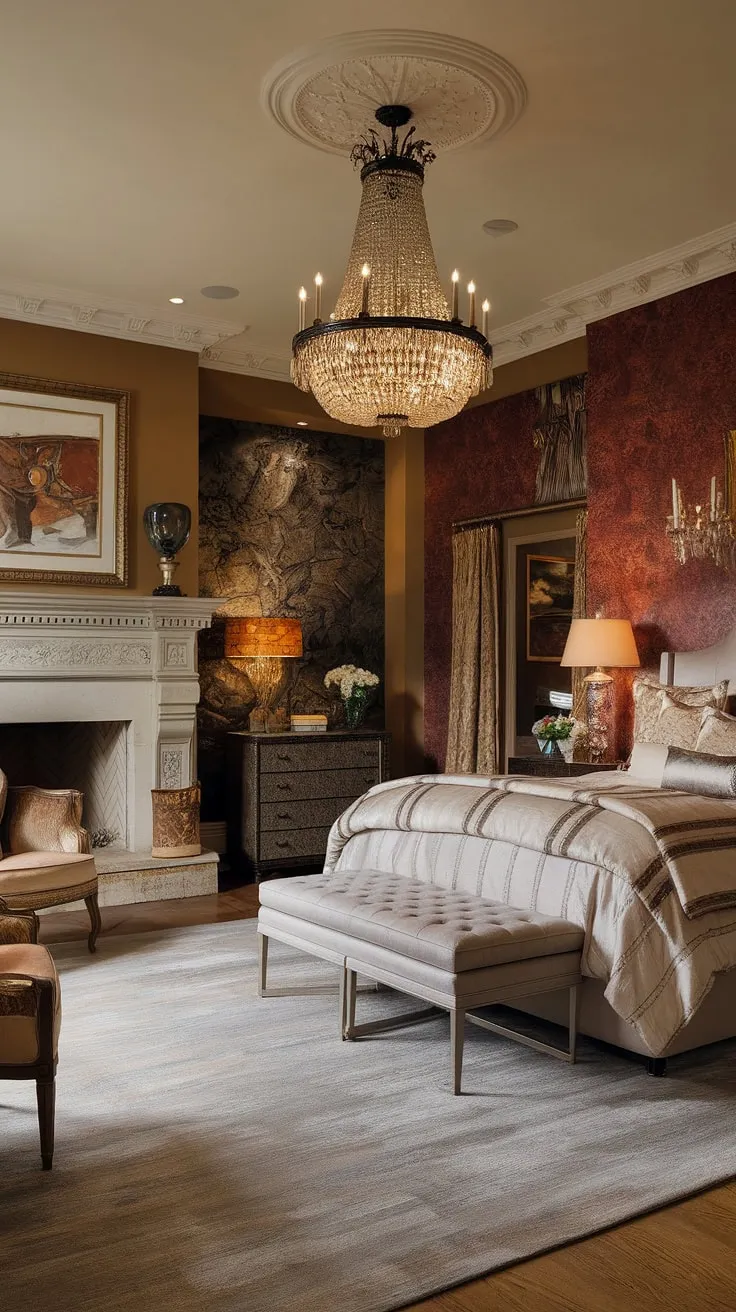 Opulent bedroom fireplace dreams. Layered bedding and a roaring fire make this the perfect space for fall bedroom ideas. Adding a fireplace transforms any bedroom into a cozy sanctuary. Explore more bedroom with fireplace ideas.