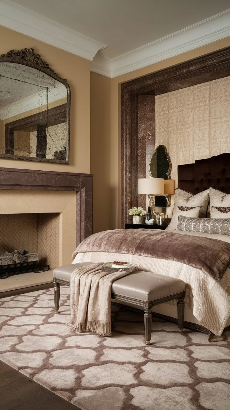 This opulent bedroom is a masterclass in cozy elegance. The bedroom fireplace, with its beige surround and dark mantel, anchors the room, complemented by the plush rug and dark wood headboard. Consider this when exploring bedroom fireplace ideas or adding a fireplace to your own space. The layered bedding adds texture and warmth, making it ideal for fall bedroom ideas.