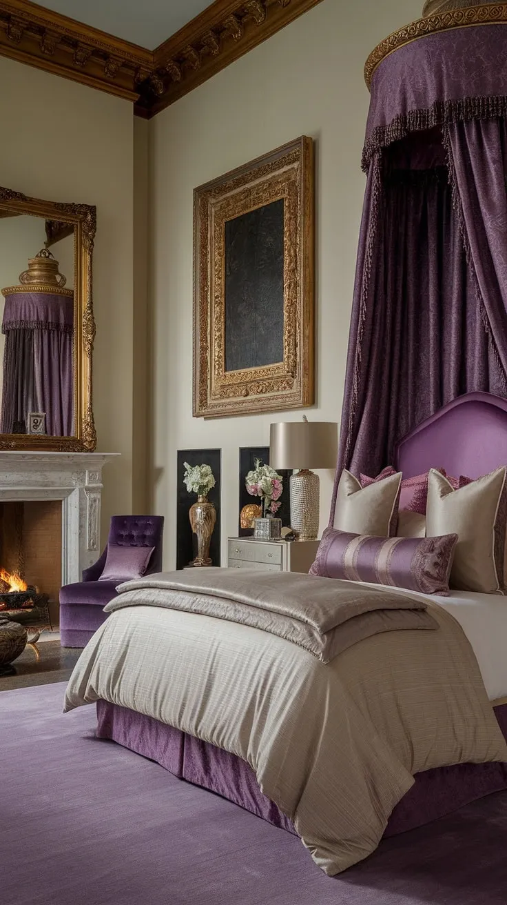 Opulent bedroom fireplace dreams: Layered bedding and gold accents create the perfect fall bedroom ideas. Adding a fireplace transforms this space into a cozy haven. Explore more bedroom with fireplace ideas.