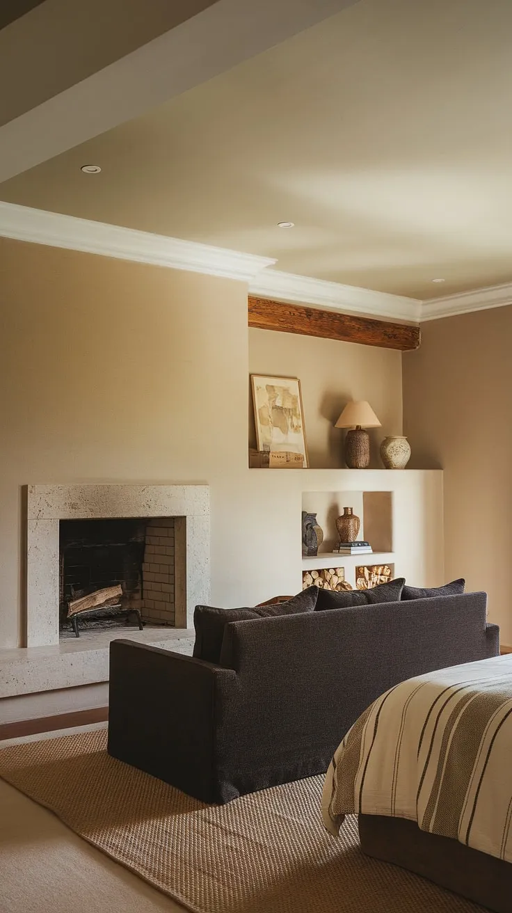 Indulge in the opulent comfort of this bedroom, featuring a built-in fireplace that transforms the space into a cozy sanctuary. The dark grey sofa, beige rug, and layered bedding create a warm and inviting atmosphere, perfect for fall bedroom ideas. Adding a fireplace like this is a stunning way to elevate your bedroom design, offering endless bedroom fireplace ideas and bedroom with fireplace ideas for creating your dream space.