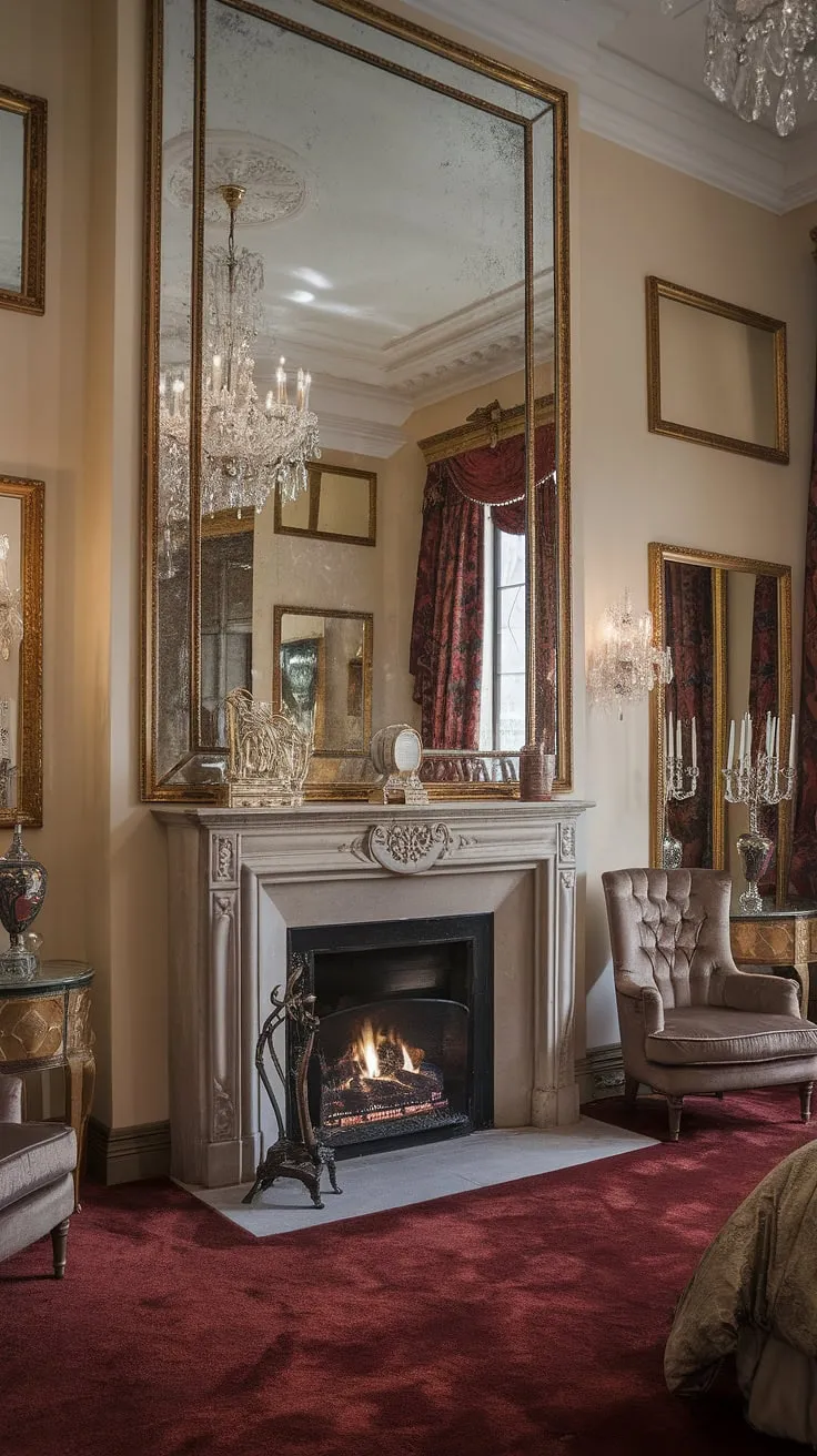 This opulent bedroom showcases the transformative power of adding a fireplace. The grand fireplace, accented by a large mirror and flanked by a plush chair, is the centerpiece of this stunning room. Consider this when exploring bedroom fireplace ideas or bedroom with fireplace ideas for your own home. The rich color palette, high ceilings, and layered bedding contribute to the overall feeling of autumnal warmth, making it perfect for fall bedroom ideas. The carefully chosen decorative items, including the candelabra, complete the luxurious ambiance.