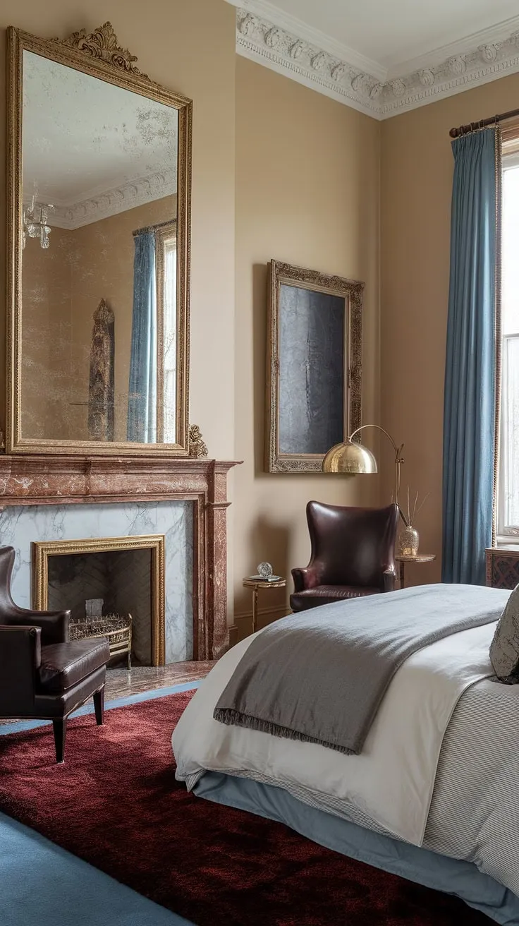 Indulge in the warmth of this bedroom fireplace. Fall bedroom ideas meet opulent bedroom design with this inspiring bedroom fireplace, showcasing layered bedding and the perfect spot for adding a fireplace to your home.