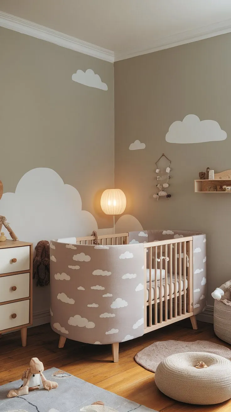 This charming bedroom nursery combo showcases the best of cozy neutral nursery ideas.  From the cloud-patterned crib to the thoughtfully chosen baby room neutrals, this newborn baby room design is a testament to simple elegance.  Get inspired by these new baby room ideas and crib wall ideas, perfect for both baby girl nursery and newborn room ideas boy.  The nursery wall ideas and nursery ideas clouds add a touch of magic.