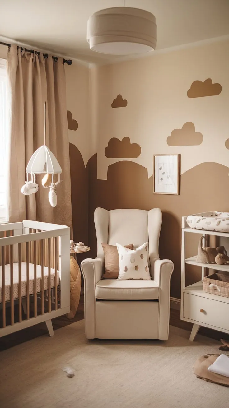 Sweet dreams are made of this: a cozy neutral nursery and bedroom combo, perfect for welcoming your little one.  Soft beige and white create a calming space, complemented by charming cloud decals – the ultimate in baby room neutrals and crib wall ideas. This newborn room design offers inspiration for new baby room ideas, baby girl nursery themes, and even newborn room ideas for a boy. Explore cozy neutral nursery ideas and nursery wall ideas that blend seamlessly into a tranquil haven.