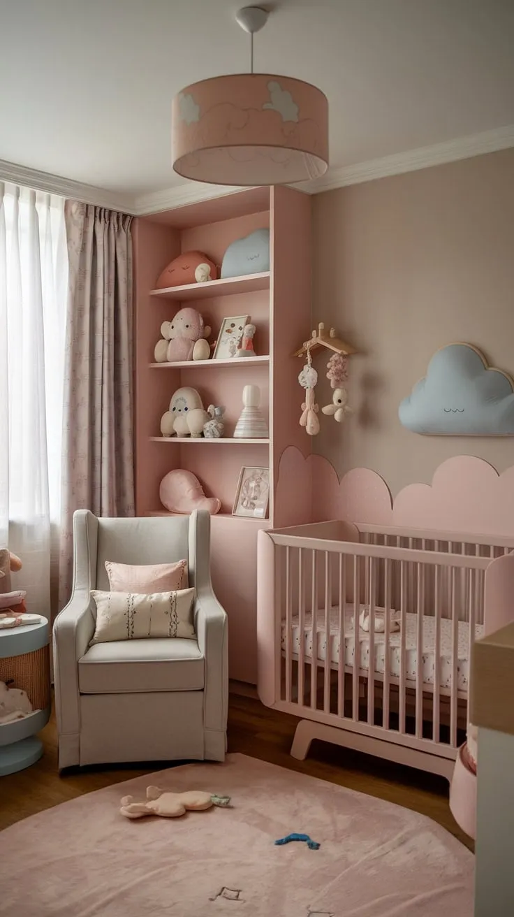 Welcome to a haven of tranquility: a newborn baby room design that seamlessly blends bedroom nursery combo functionality with dreamy aesthetics.  Baby room neutrals create a calming atmosphere, enhanced by thoughtful nursery ideas clouds and crib wall ideas.  Discover more inspiring new baby room ideas and baby girl nursery concepts, perfect for both newborn room ideas boy and girl.  This space embodies the essence of cozy neutral nursery ideas.