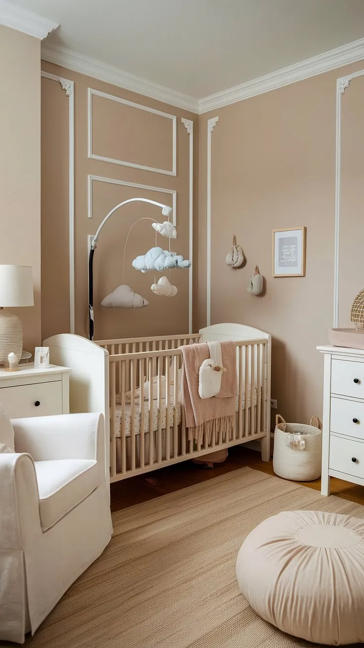 Dreamy neutral tones create the perfect haven in this cozy bedroom nursery combo.  Soft beige walls, accented with white trim, provide a calming backdrop for sweet slumber.  Cloud-themed crib wall ideas add a touch of whimsy, making this space ideal for both newborn room ideas boy or baby girl nursery designs.  Explore these baby room neutrals and new baby room ideas for a space that's as stylish as it is functional.