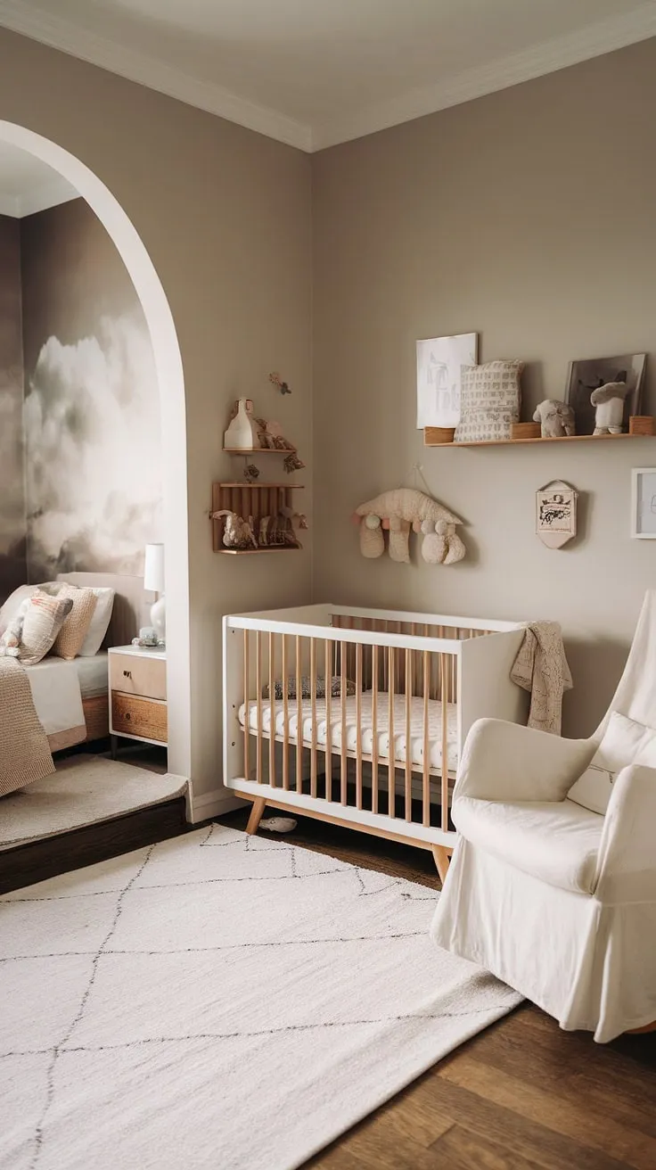 This stunning bedroom nursery combo is the epitome of cozy neutral nursery ideas.  The soft grey walls, accented by a whimsical cloud mural, create a serene atmosphere.  Perfect for newborn room ideas boy or girl, this space showcases clever crib wall ideas and nursery wall ideas, all within a calming palette of baby room neutrals.  Find inspiration for your own new baby room ideas in this tranquil newborn baby room design.