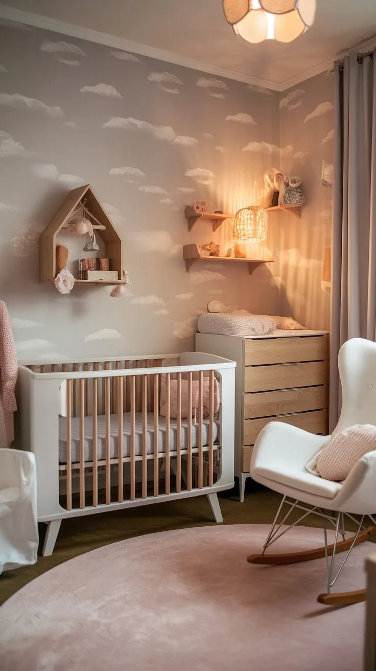 Welcome to the dreamiest newborn baby room design! This bedroom nursery combo boasts calming baby room neutrals, stunning nursery wall ideas featuring clouds, and a white crib that's simply perfect.  Get inspired by these crib wall ideas and nursery ideas clouds for your own little one's space.  Perfect for both newborn room ideas boy and baby girl nursery schemes.