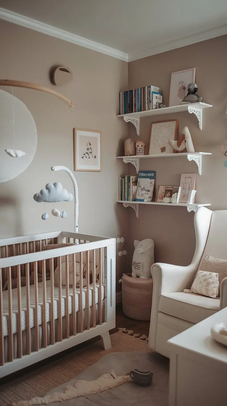 Soft grey walls, cloud-inspired mobiles, and a blend of sweet baby girl and boy elements create the perfect cozy neutral nursery.  This bedroom nursery combo offers endless new baby room ideas, showcasing baby room neutrals and clever crib wall ideas.  Perfect for newborn room ideas boy or girl, this design is a dream come true.