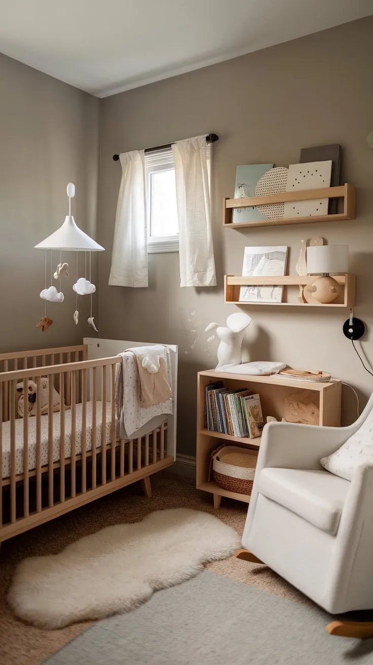 This newborn baby room design showcases the best of cozy neutral nursery ideas.  The bedroom nursery combo seamlessly blends functionality and style, with thoughtful touches like the cloud mobile and a calming color palette.  Perfect for new baby room ideas, this space offers inspiration for nursery wall ideas, nursery ideas clouds, and crib wall ideas, all within a soothing baby room neutrals scheme.
