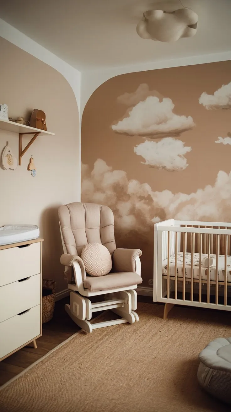 Dreamy neutral tones and fluffy clouds create the perfect haven in this cozy bedroom nursery combo.  Perfect for a baby girl or boy, this space showcases clever new baby room ideas and crib wall ideas, offering inspiration for your own newborn room design. Explore more cozy neutral nursery ideas and nursery wall ideas, including nursery ideas clouds,  for your little one's peaceful retreat.