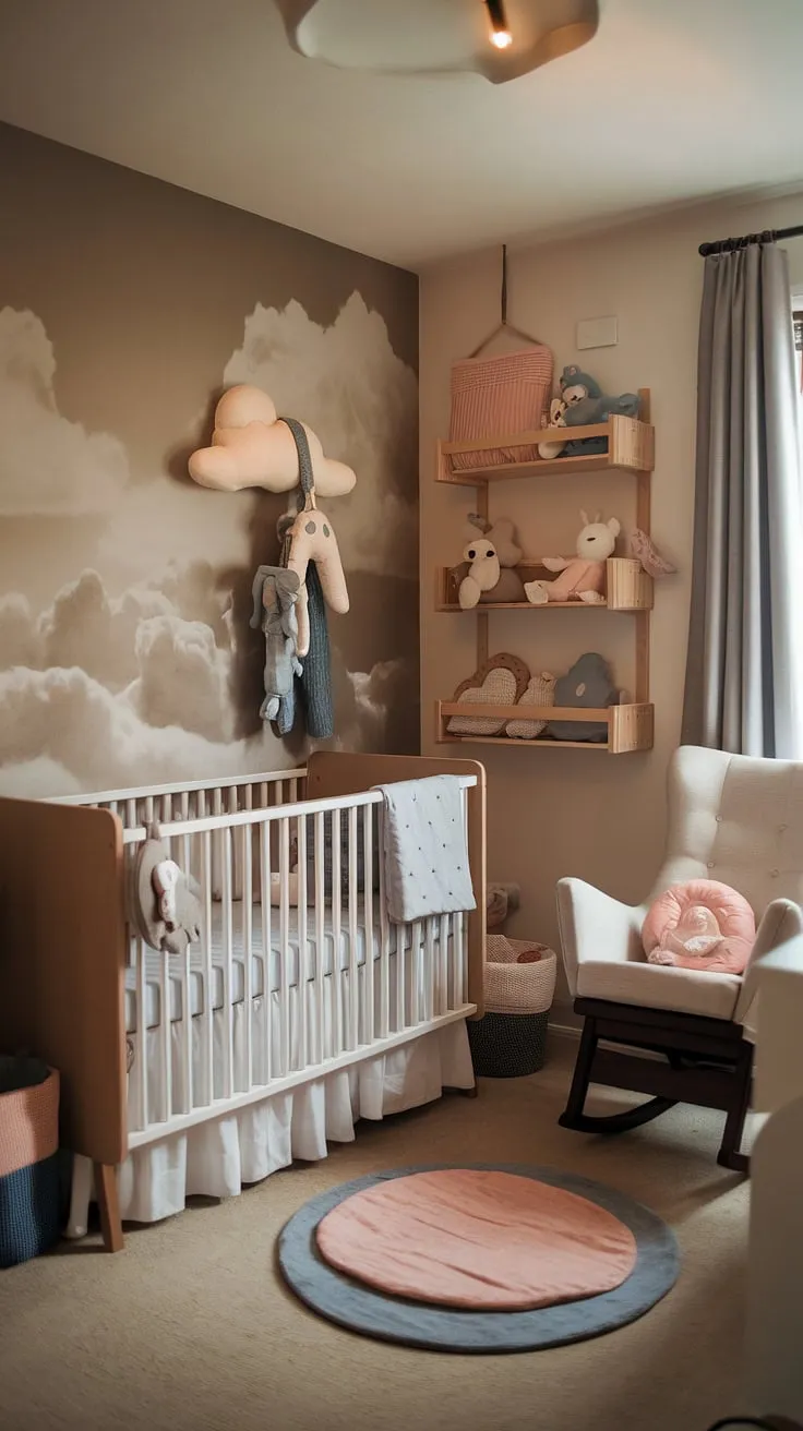Welcome to a world of gentle dreams! This newborn baby room design seamlessly combines baby girl nursery elements with baby boy nursery accents, resulting in a stunningly neutral space.  The cloud mural above the crib, the soft rug, and the carefully curated wooden shelves make this the ultimate in nursery ideas clouds and crib wall ideas.  Find inspiration for your own new baby room ideas and explore the possibilities of baby room neutrals in this charming bedroom nursery combo.