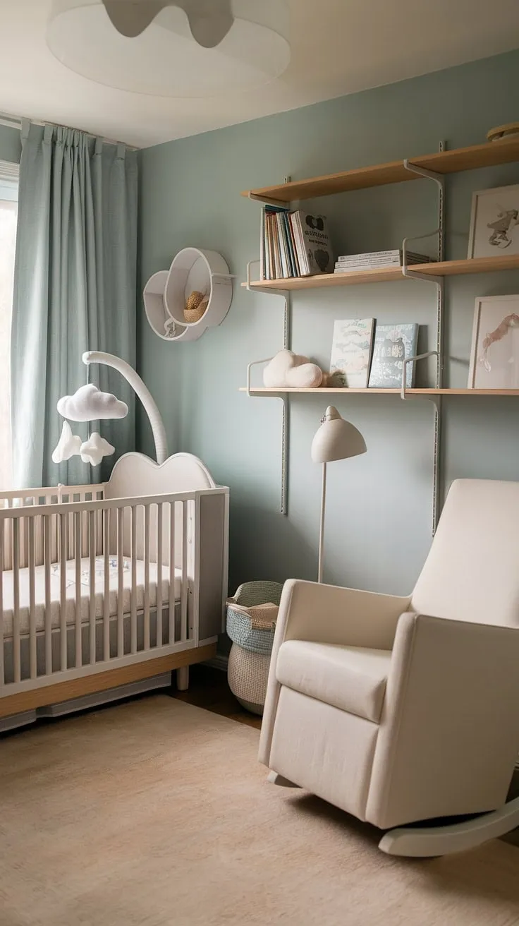 Dreamy blues and soft whites create the perfect haven in this cozy neutral nursery, a bedroom nursery combo ideal for a baby girl or boy.  New baby room ideas abound with this calming space, featuring clever crib wall ideas and nursery wall ideas like the charming cloud mobile.  Explore more baby room neutrals and newborn room design inspiration for your own little one.