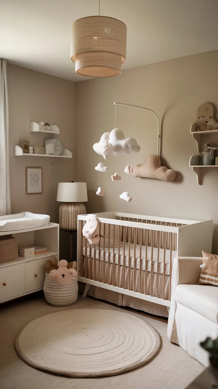 Dreamy and delicate, this baby girl nursery is a testament to the beauty of simplicity.  Explore these cozy neutral nursery ideas and new baby room ideas, showcasing clever crib wall ideas and nursery wall ideas with clouds.  The thoughtful newborn baby room design incorporates baby room neutrals to create a calming space, perfect for a peaceful start to life.  Even though it's designed for a girl, these newborn room ideas boy parents might also find inspiring.