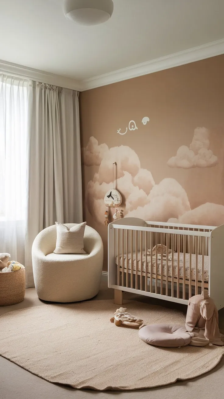 This newborn baby room design showcases the best of cozy neutral nursery ideas.  The soft beige palette and playful cloud mural make it an ideal space for both sleep and play.  Explore these nursery ideas clouds and baby room neutrals for your own unique take on a bedroom nursery combo.