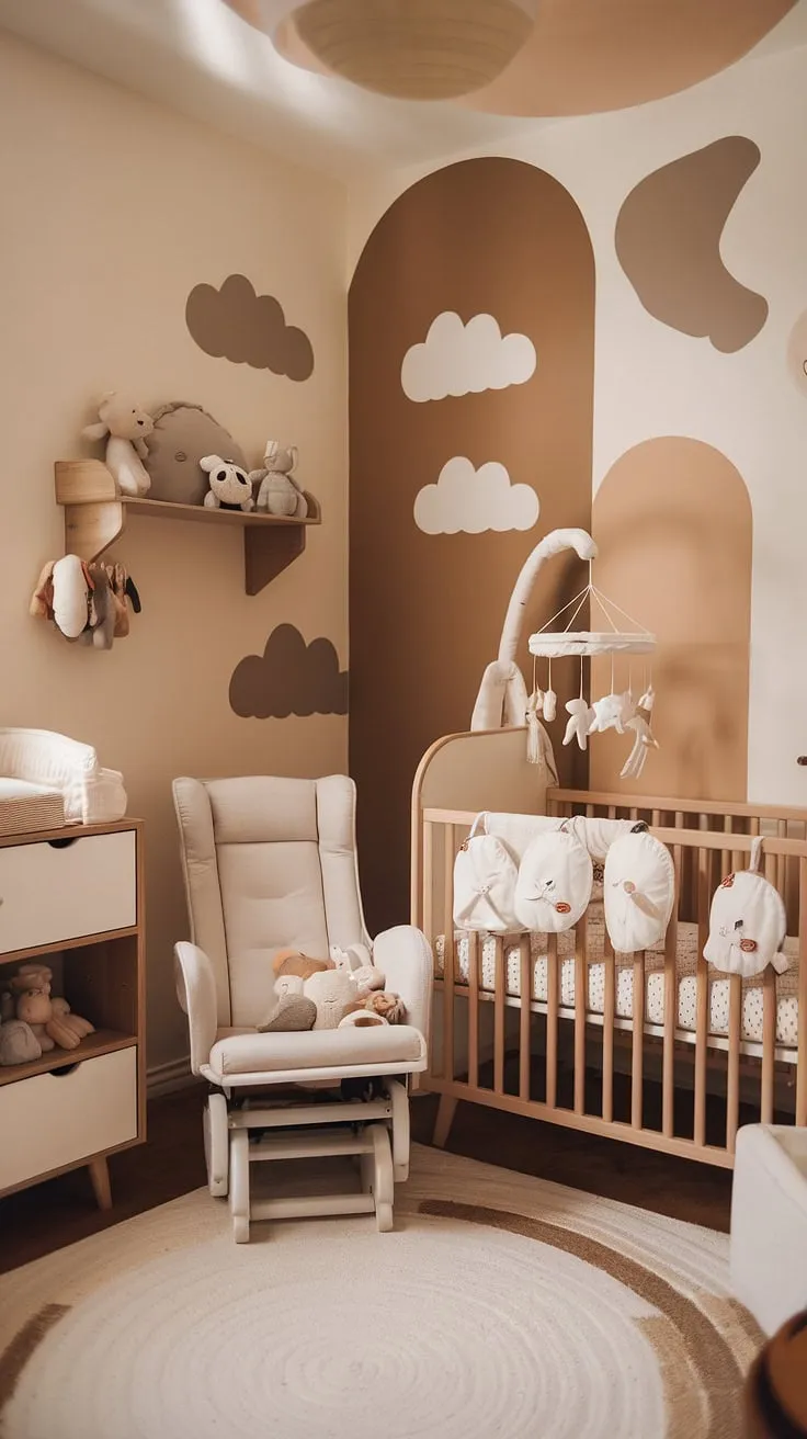 Welcome your little one to this tranquil newborn room, a perfect example of newborn room ideas boy and baby girl nursery design.  The neutral palette, accented by charming cloud nursery ideas and a plush glider chair, creates a calming atmosphere. This baby room showcases clever nursery wall ideas and crib wall ideas, making it a functional and beautiful bedroom nursery combo.  Find inspiration for your own cozy neutral nursery ideas within this sophisticated baby room neutrals design.
