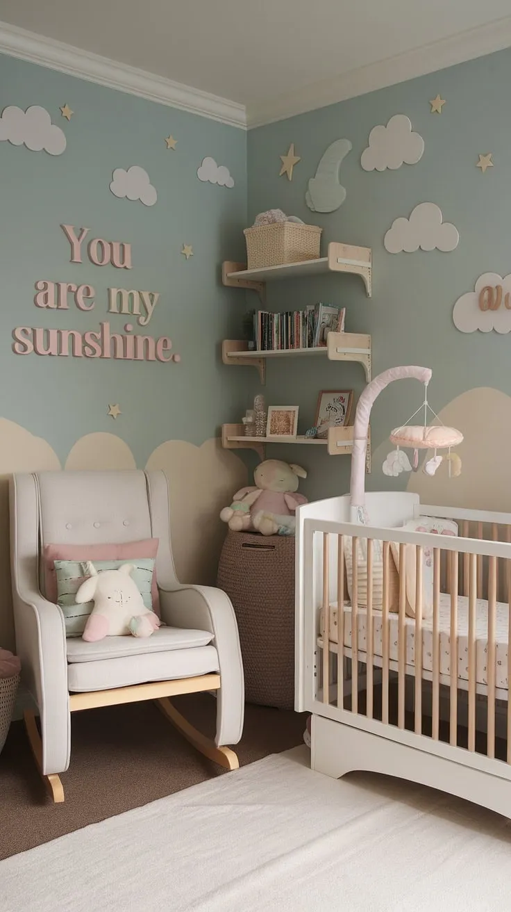 Dreamy serenity meets practical function in this cozy neutral nursery bedroom combo.  Soft blues, twinkling stars, and a "You are my sunshine" wall create a haven of calm for both parent and baby.  Perfect for new baby room ideas, this space showcases clever crib wall ideas and nursery wall ideas, blending baby girl nursery themes with baby room neutrals for a design that's both stylish and soothing.  Explore more cozy neutral nursery ideas and newborn room design inspiration here.