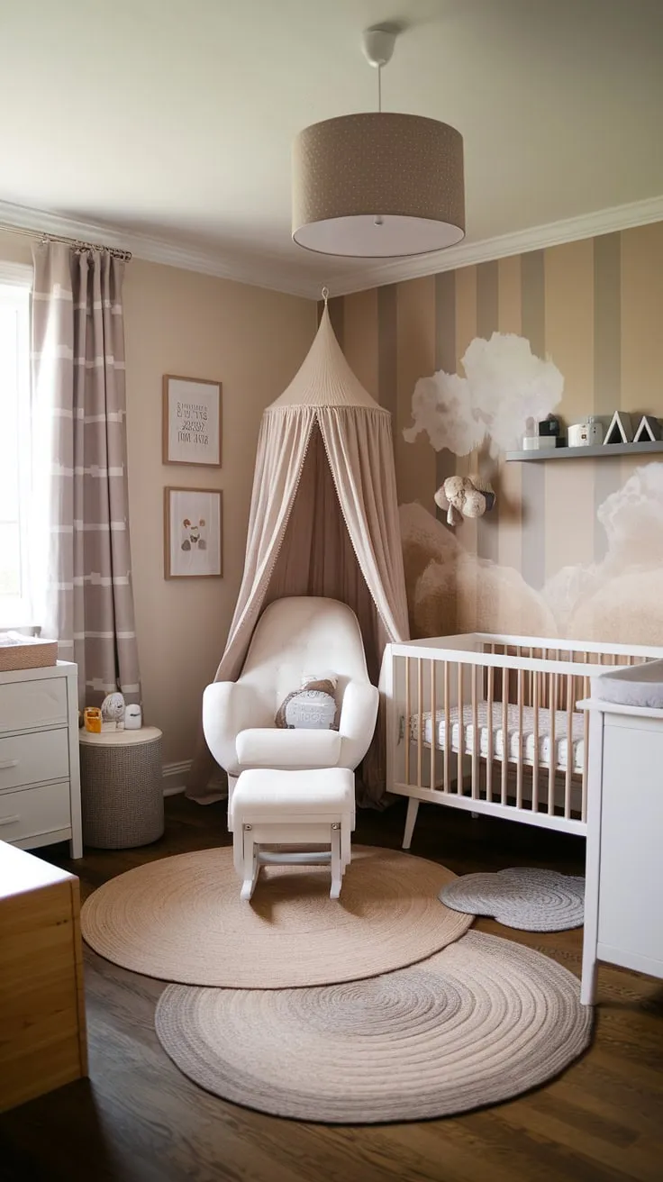 This stunning newborn baby room design seamlessly blends bedroom and nursery functionality.  The sophisticated grey and beige palette, accented by a whimsical cloud mural and soft textures, creates a tranquil atmosphere.  Explore these nursery wall ideas and crib wall ideas for your own baby girl nursery.  From the thoughtful nursery ideas clouds to the carefully chosen baby room neutrals, this space is a masterclass in new baby room ideas and newborn room design.