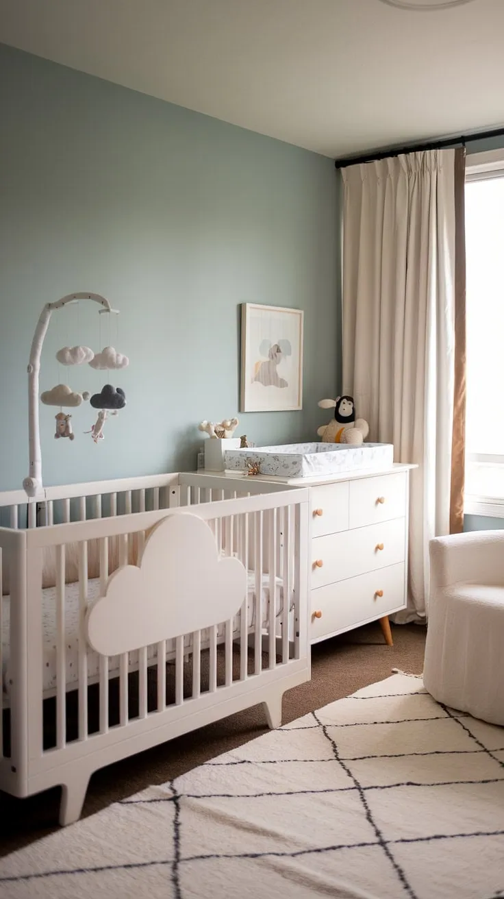 Soft blue walls and cloud-themed decor bring this bedroom nursery combo to life.  Explore these cozy neutral nursery ideas, perfect for a newborn baby room design.  From nursery wall ideas featuring clouds to the sweetest crib wall ideas, this space offers inspiration for baby girl nursery and newborn room ideas boy.