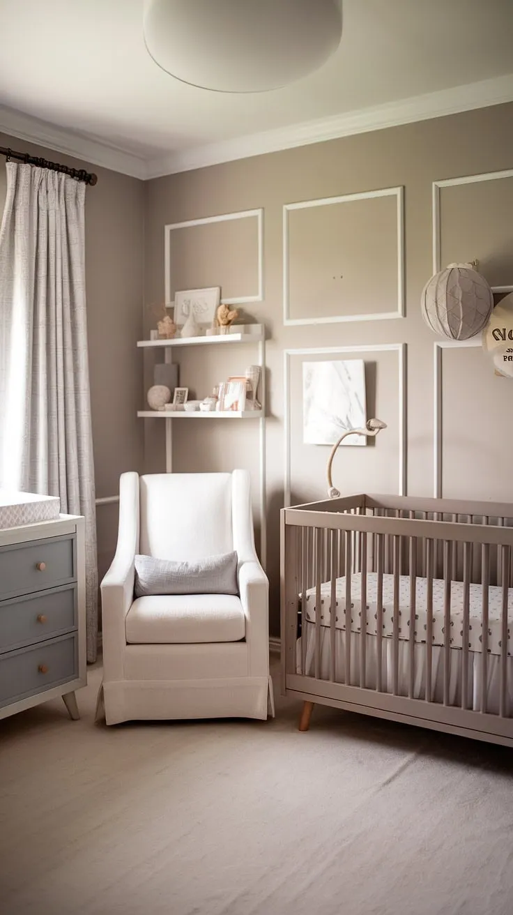 Dreamy neutrals and soft lighting create the perfect haven in this cozy bedroom nursery combo.  These baby room neutrals, combined with thoughtful crib wall ideas and nursery wall ideas featuring subtle clouds, offer a serene space for both parents and baby.  Perfect new baby room ideas and newborn room design inspiration, even for a newborn baby room design for a boy.