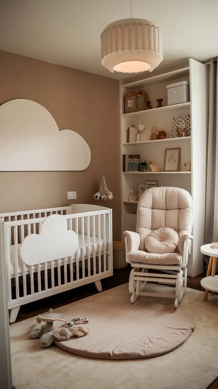 Dreamy clouds and soft neutrals create the perfect haven in this cozy bedroom nursery combo.  Perfect for a baby girl or boy, this space offers inspiration for new baby room ideas, showcasing clever crib wall ideas and nursery wall ideas that bring the nursery ideas clouds theme to life.  Explore these baby room neutrals and newborn room design elements for your own little one's space.