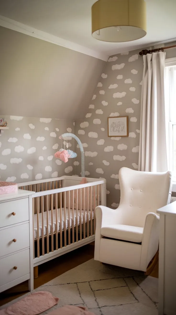Dreamy clouds and soft neutrals create the perfect haven in this cozy bedroom nursery combo.  From crib wall ideas to nursery wall ideas featuring celestial designs, this space offers inspiration for new baby room ideas, baby girl nursery themes, and even newborn room ideas for a boy.  Explore these baby room neutrals and find your perfect newborn baby room design.