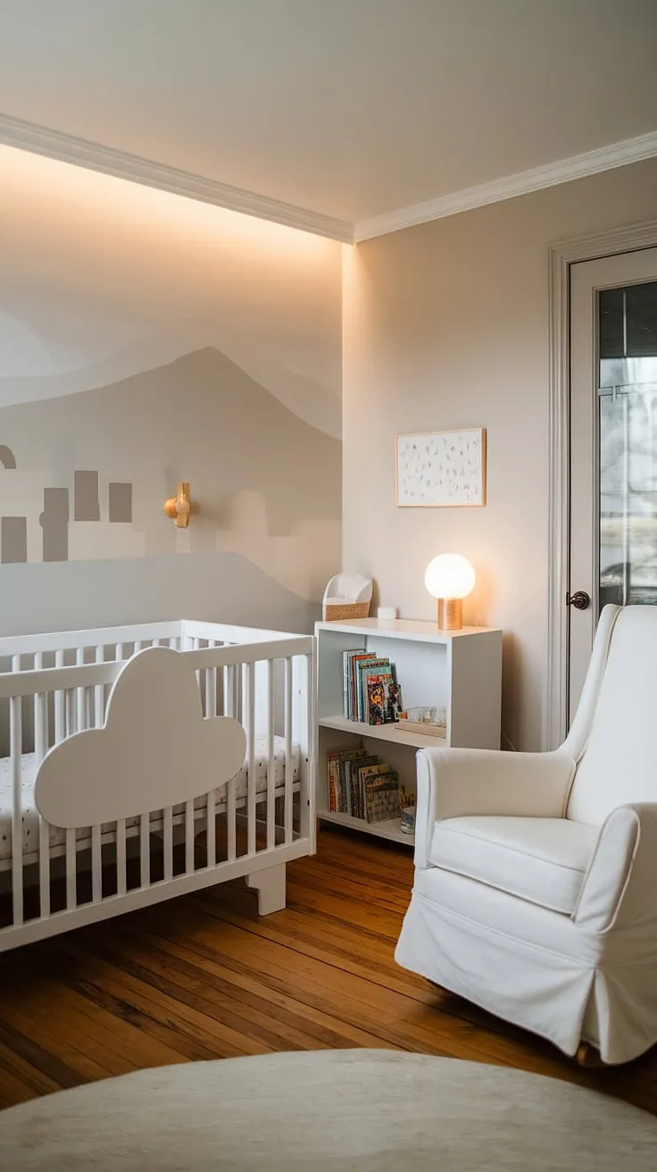 This baby girl nursery (or equally perfect newborn room ideas boy!) showcases the best of cozy neutral nursery ideas.  The white crib, rocking chair, and bookshelf create a tranquil haven.  Consider these nursery wall ideas and crib wall ideas featuring clouds for a touch of whimsy in your own baby room neutrals design.  Perfect inspiration for your bedroom nursery combo.