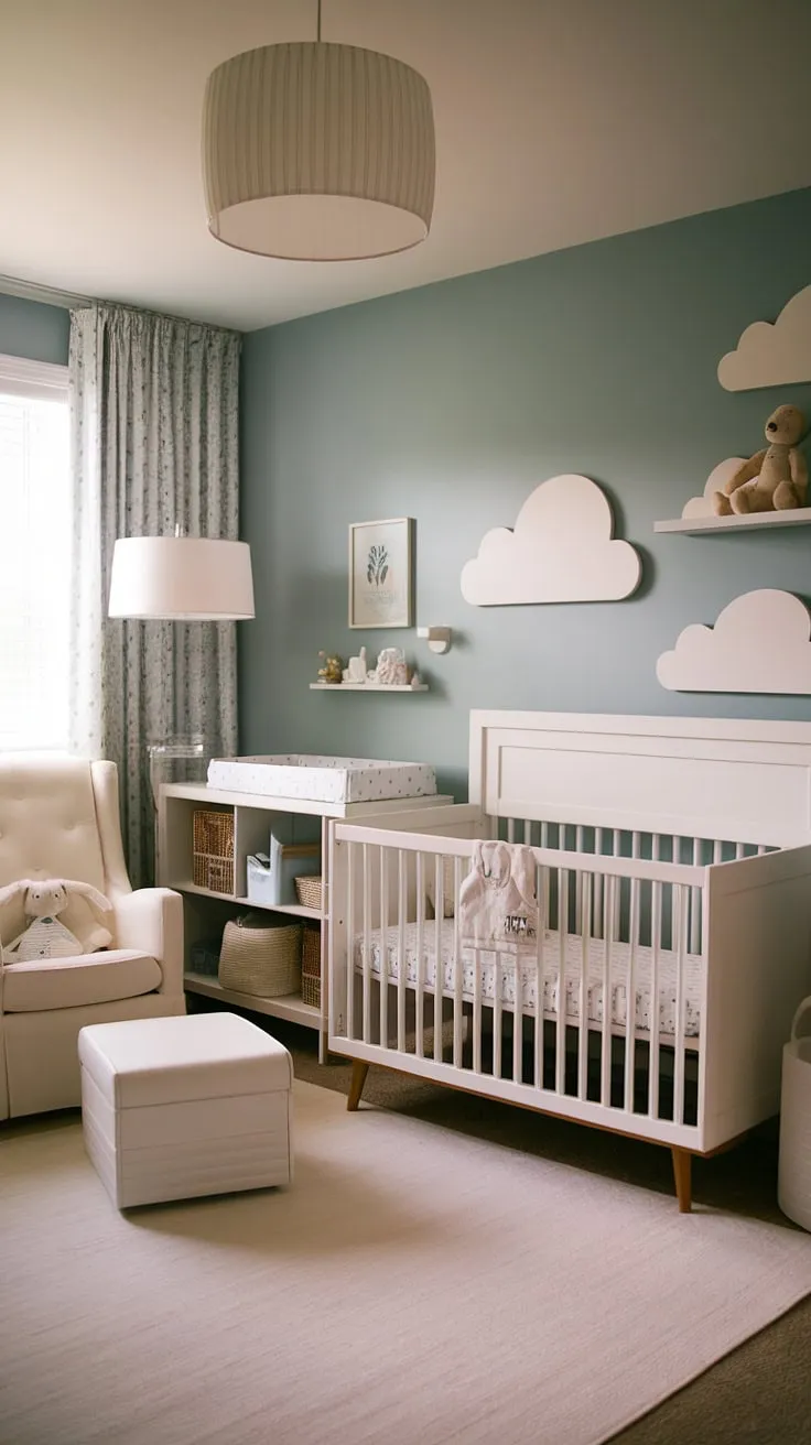 Dreamy blues and cloud-filled skies create the perfect haven in this cozy neutral nursery ideas space.  A seamless bedroom nursery combo, this design offers fresh new baby room ideas for both baby girl nursery and newborn room ideas boy, showcasing baby room neutrals at their finest. Note the clever crib wall ideas and nursery wall ideas, all contributing to a calming newborn baby room design.