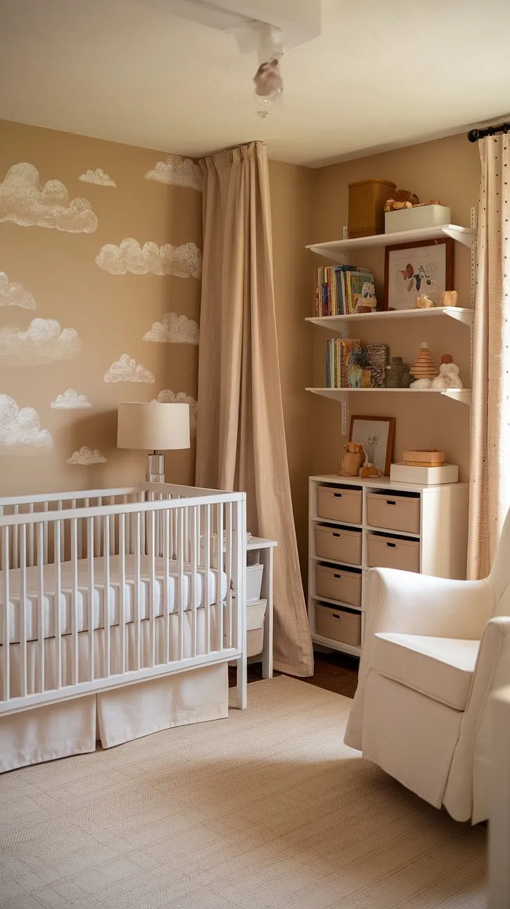 Dreamy neutral tones and cloud-stenciled walls create the perfect cozy bedroom nursery combo for your little one.  This space seamlessly blends new baby room ideas with sophisticated baby room neutrals, offering a calming haven for both parents and baby.  Explore these crib wall ideas and nursery wall ideas for a space that's as functional as it is beautiful, perfect for a baby girl nursery or newborn room ideas boy.