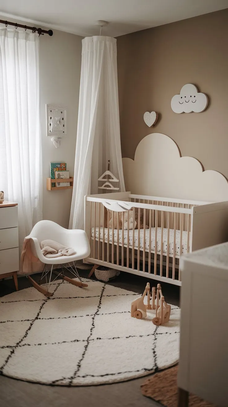 This serene newborn baby room design is a beautiful example of cozy neutral nursery ideas. The bedroom nursery combo seamlessly blends functionality and style, with thoughtful crib wall ideas and nursery wall ideas featuring clouds.  Perfect for a baby girl or as a newborn room ideas boy, this space is a testament to the power of baby room neutrals in creating a calming and inviting atmosphere.