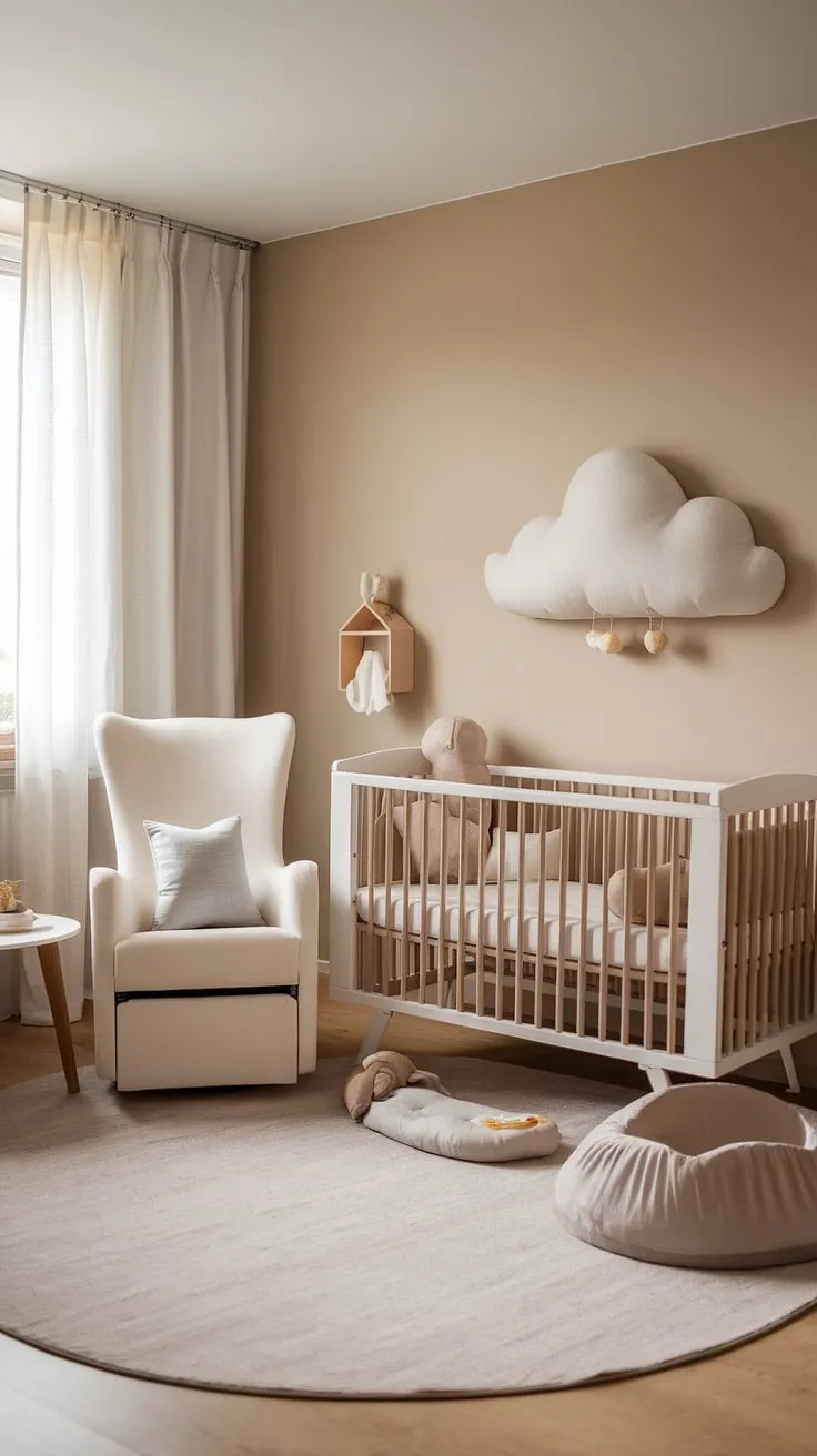 This serene newborn baby room design seamlessly blends bedroom and nursery functions.  The soft beige walls, white crib, and delicate cloud design above create a calming atmosphere.  Discover more new baby room ideas and baby room neutrals inspiration, including crib wall ideas and nursery ideas clouds, for your own cozy neutral nursery ideas.  Perfect for a baby girl or boy.