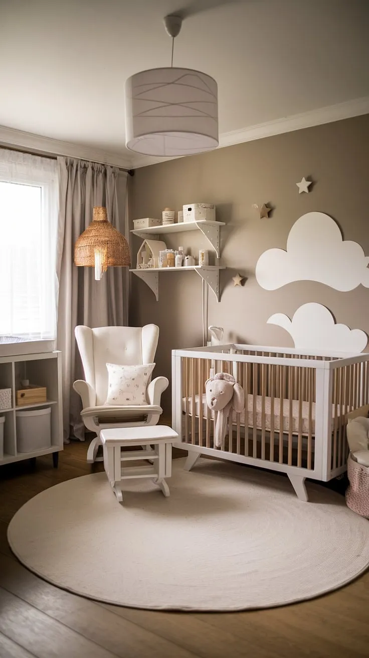 Dreamy whites and gentle clouds create the perfect haven in this cozy neutral nursery bedroom combo.  Perfect for a baby girl or boy, this space offers inspiration for new baby room ideas, showcasing baby room neutrals and clever crib wall ideas.  Explore these nursery wall ideas and nursery ideas clouds for your own newborn room design.