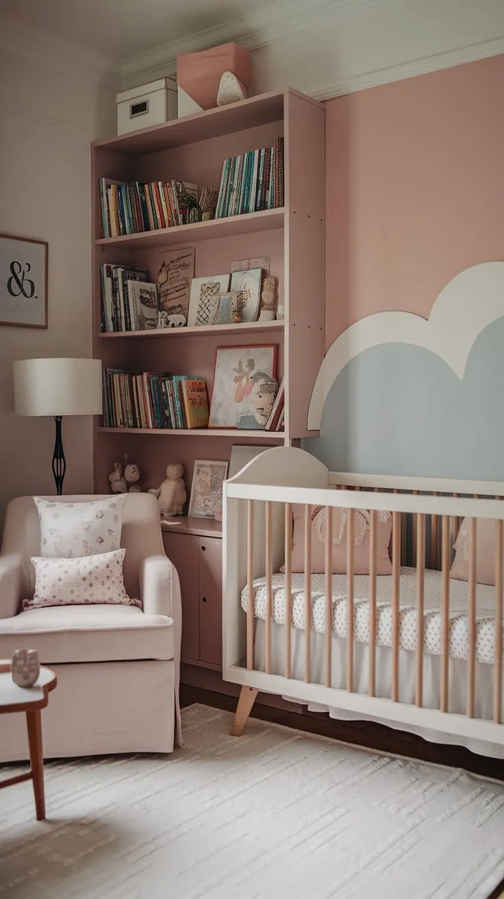 This dreamy bedroom nursery combo showcases the best of cozy neutral nursery ideas.  The delicate cloud nursery wall ideas above the white crib, paired with a calming palette and thoughtful touches like a small reading chair and bookshelf, create a haven for your newborn.  Discover more newborn baby room design inspiration and crib wall ideas for a space that's as peaceful as it is beautiful.  Perfect for a baby girl, but adaptable for a newborn room ideas boy too.
