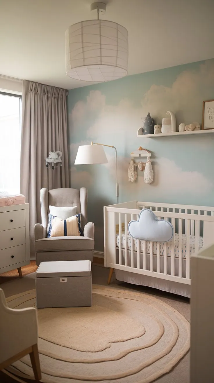 This cozy neutral nursery, a perfect bedroom nursery combo, blends seamlessly for a baby girl and baby boy.  The light blue cloud mural and cloud-patterned crib offer delightful nursery wall ideas and crib wall ideas, while the grey and white palette provides calming baby room neutrals.  Perfect for new baby room ideas and newborn room ideas boy, this space showcases the best of newborn baby room design.