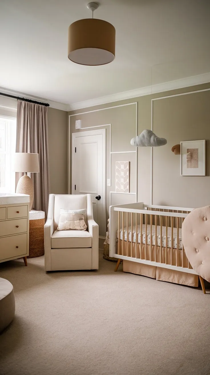 This serene bedroom nursery combo is a testament to the beauty of simplicity.  Cozy neutral nursery ideas come to life with the calming palette of greys and beiges, creating a space perfect for both parents and baby.  From the cloud mobile above the crib to the carefully chosen furniture, this newborn baby room design is a masterclass in understated elegance, offering inspiration for nursery ideas clouds and crib wall ideas.