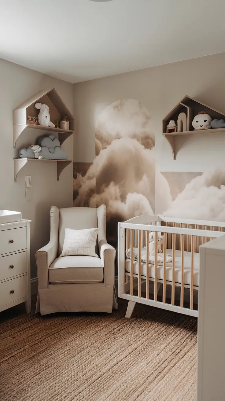 This light-filled room is the epitome of cozy neutral nursery ideas.  The clever combination of bedroom and nursery provides a serene space for both parents and baby.  From the nursery wall ideas featuring a whimsical cloud mural to the carefully chosen baby girl nursery furniture, every detail speaks to thoughtful newborn baby room design.  Get inspired by these crib wall ideas and new baby room ideas for your own little one.