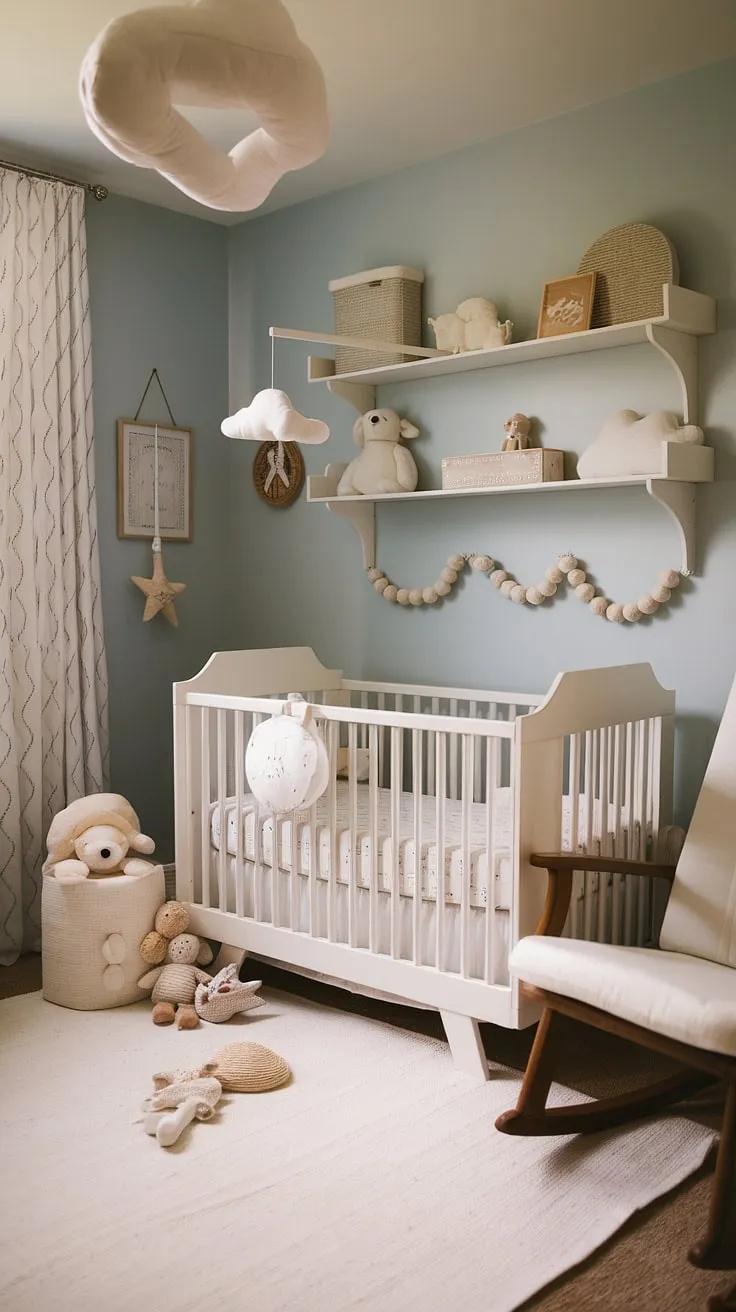 Dreamy serenity in this cozy neutral nursery, perfect for a baby girl.  The bedroom nursery combo boasts calming baby room neutrals, clever crib wall ideas, and delightful nursery wall ideas featuring clouds.  Inspiration for new baby room ideas and newborn room ideas boy or girl alike.